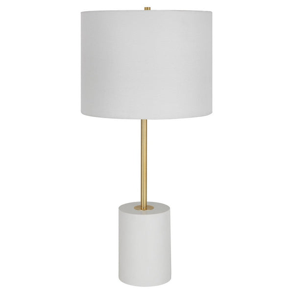 Lily 28 Inch Accent Lamp, Round Hardback Drum Shade, White Base, Gold - BM309578