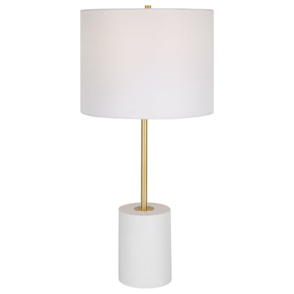 Lily 28 Inch Accent Lamp, Round Hardback Drum Shade, White Base, Gold - BM309578