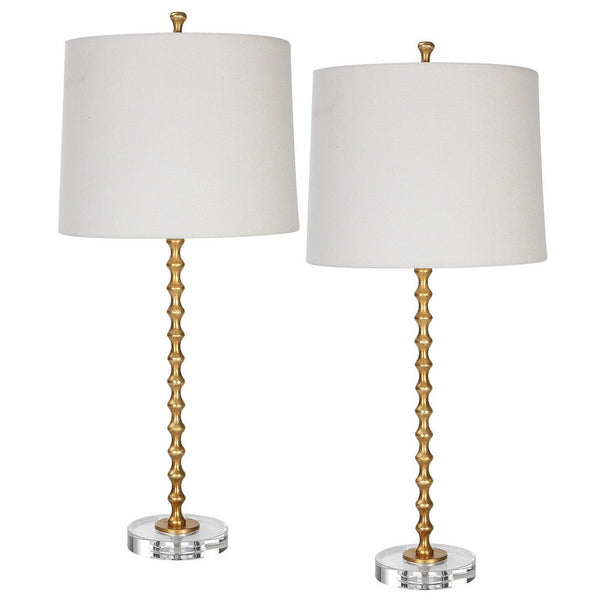 29 Inch Table Lamp, Set of 2, White Tapered Shade, Gold Leaf, Round Base - BM309579