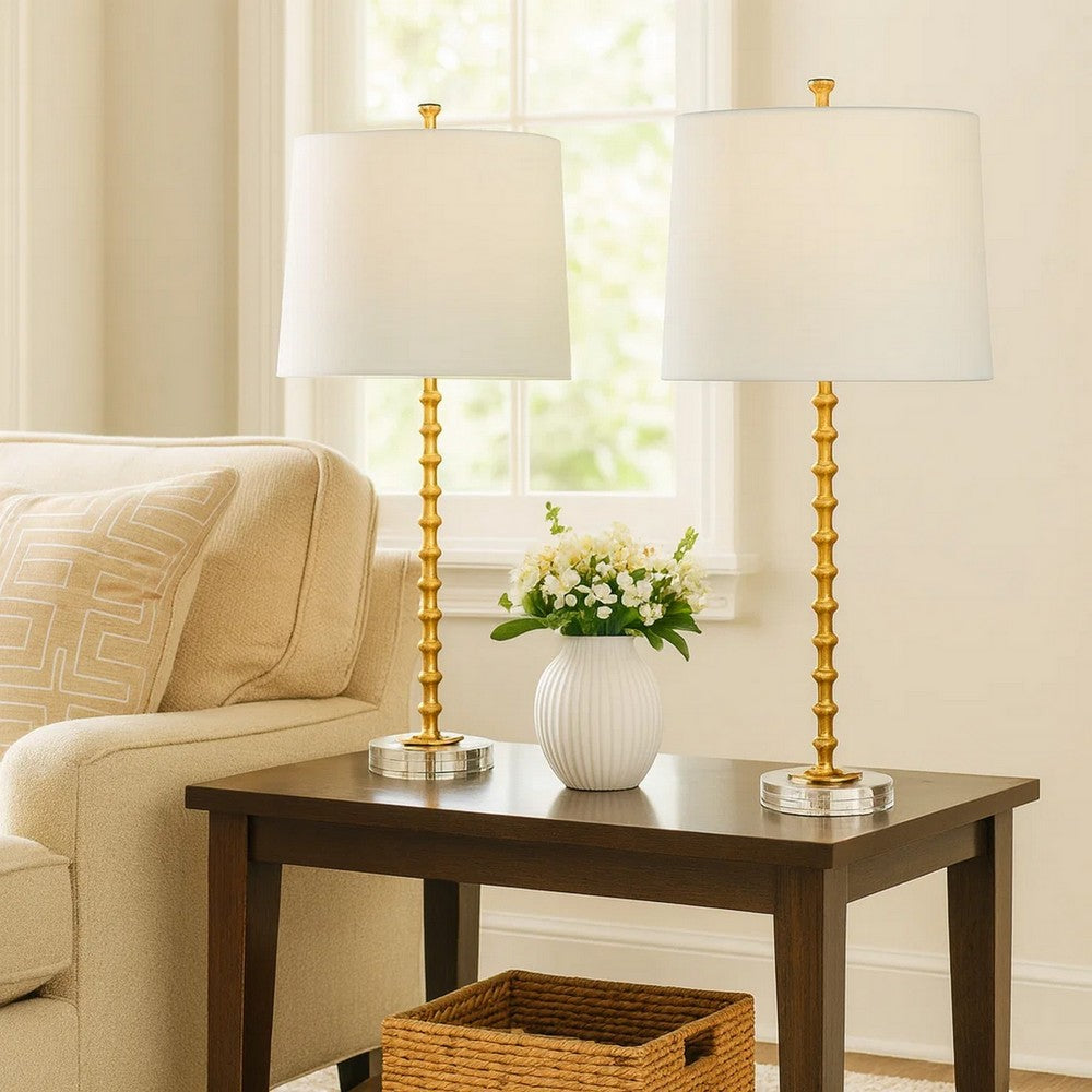 29 Inch Table Lamp, Set of 2, White Tapered Shade, Gold Leaf, Round Base - BM309579