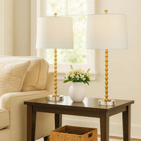 29 Inch Table Lamp, Set of 2, White Tapered Shade, Gold Leaf, Round Base - BM309579