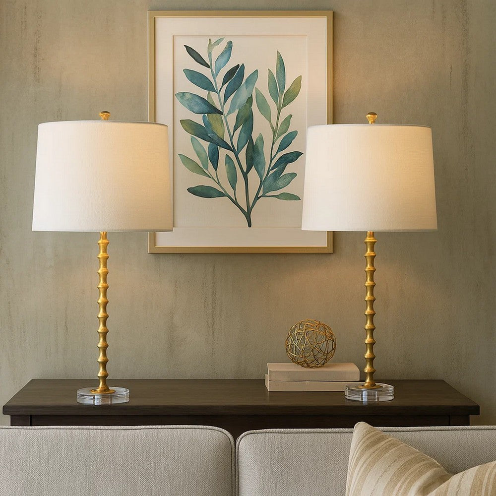 29 Inch Table Lamp, Set of 2, White Tapered Shade, Gold Leaf, Round Base - BM309579