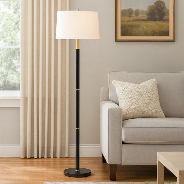 62 Inch Floor Lamp, White Tapered Hardback Shade, Black with Gold Accents - BM309580