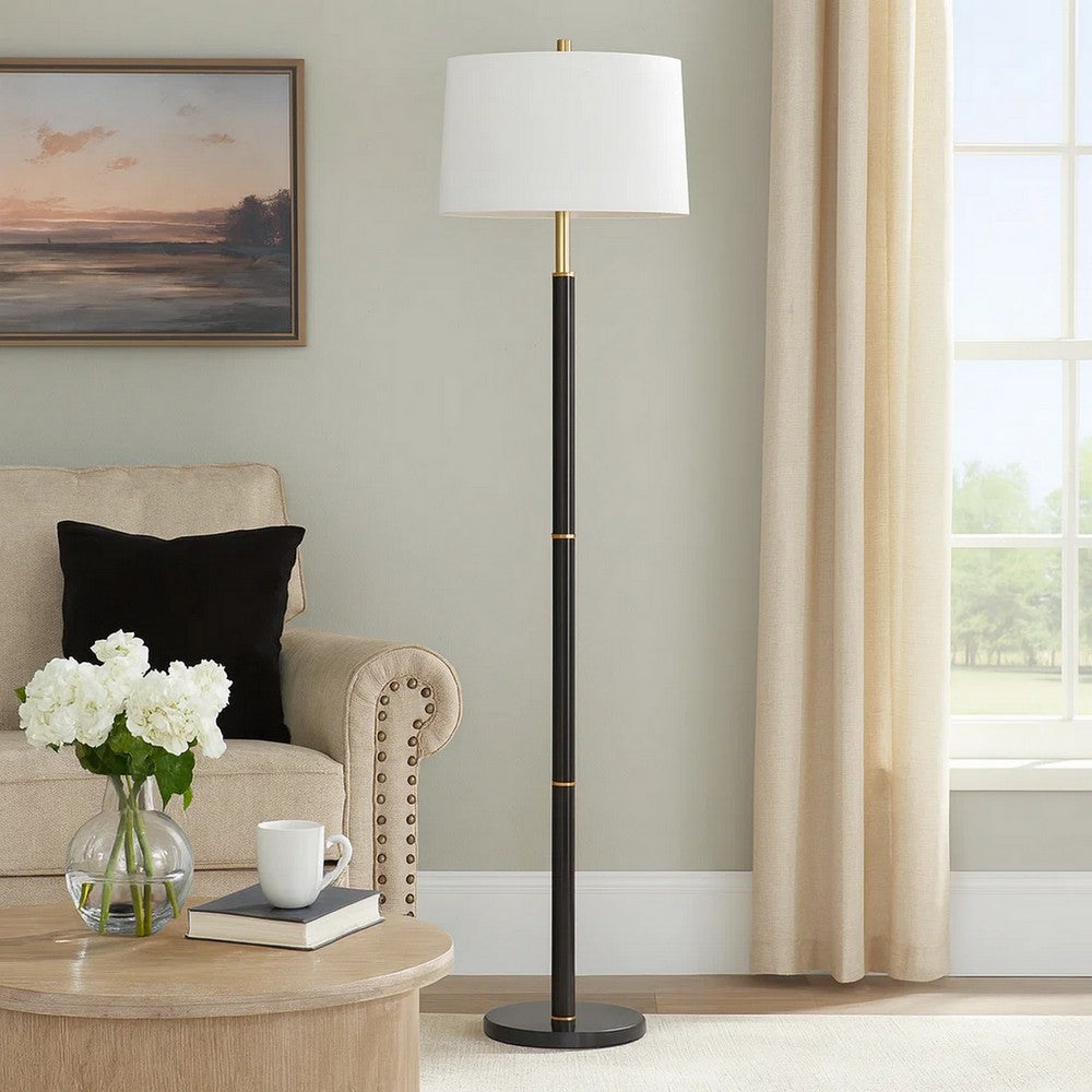 62 Inch Floor Lamp, White Tapered Hardback Shade, Black with Gold Accents - BM309580