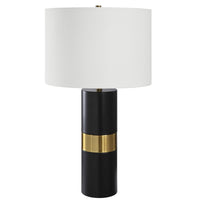 27 Inch Table Lamp, White Round Hardback Drum Shade, Black, Gold Accents - BM309581