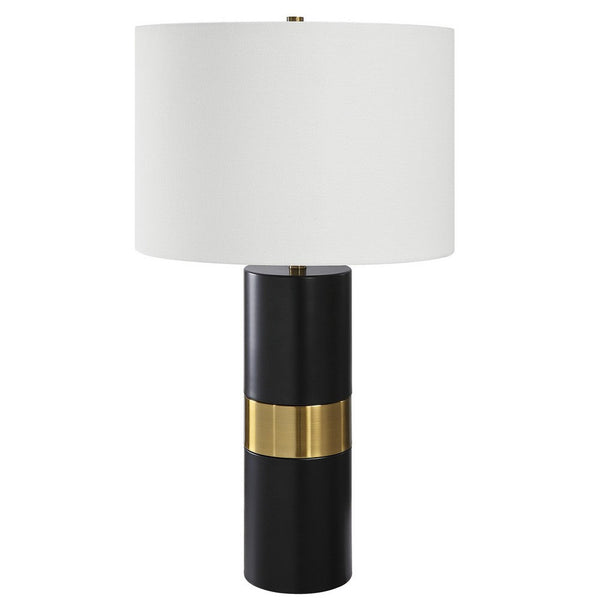 27 Inch Table Lamp, White Round Hardback Drum Shade, Black, Gold Accents - BM309581