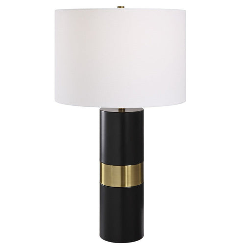 27 Inch Table Lamp, White Round Hardback Drum Shade, Black, Gold Accents - BM309581