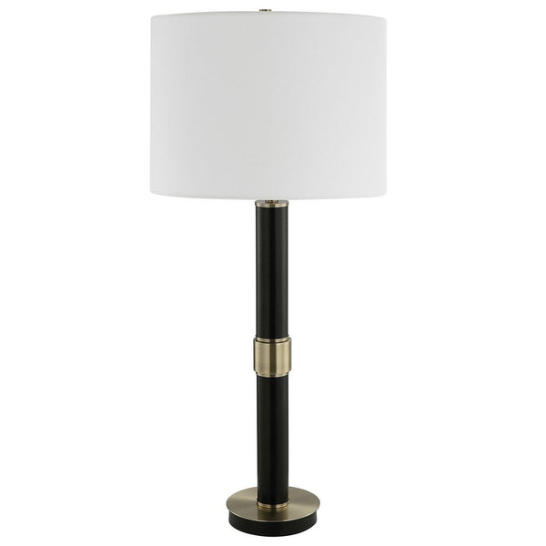 32 Inch Table Lamp, Slender Metal Body, White Drum Shade, Black, Gold - BM309582