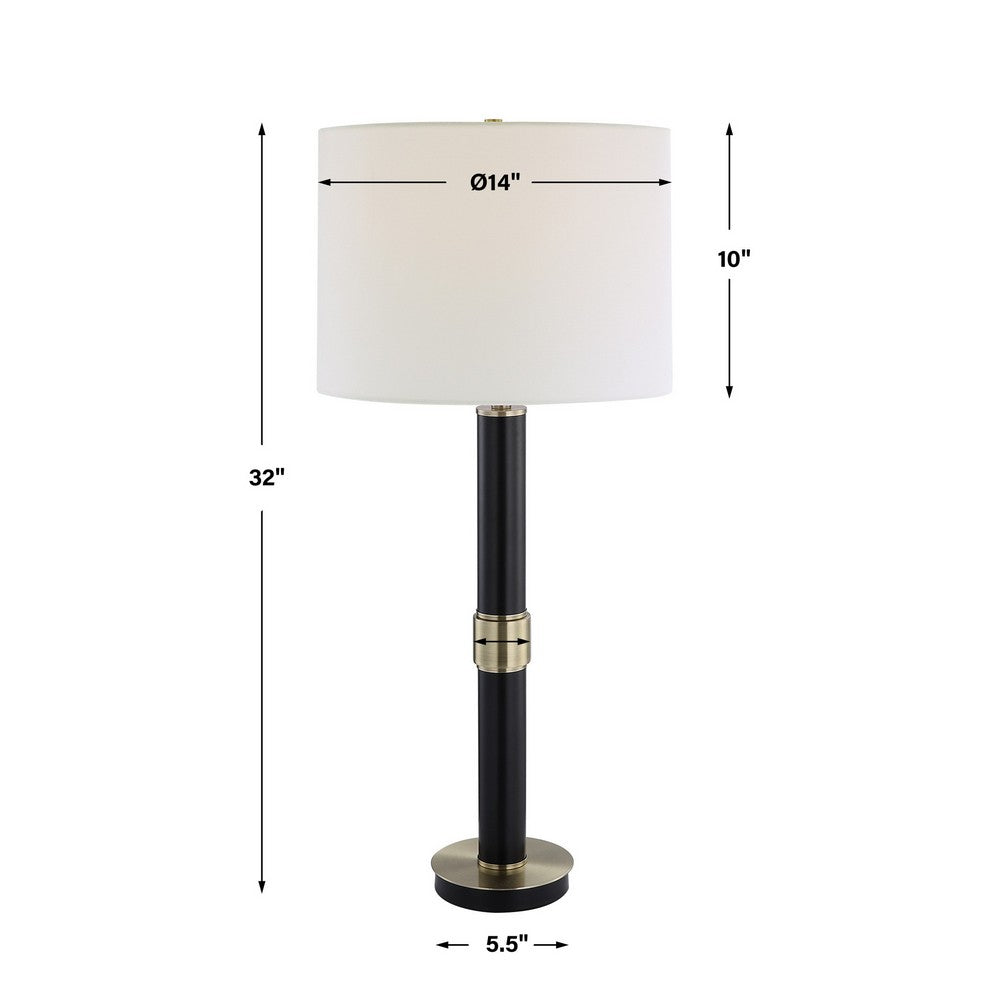 32 Inch Table Lamp, Slender Metal Body, White Drum Shade, Black, Gold - BM309582