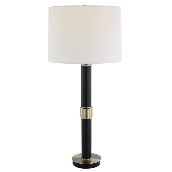 32 Inch Table Lamp, Slender Metal Body, White Drum Shade, Black, Gold - BM309582