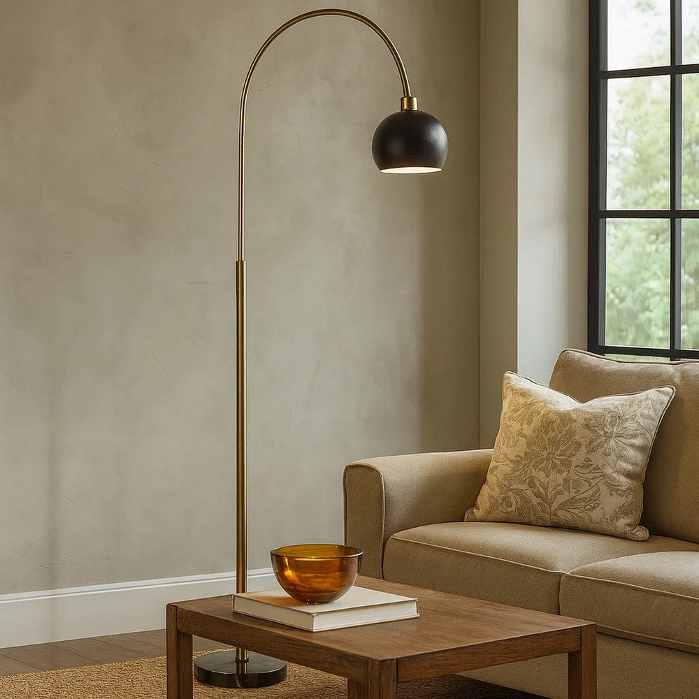 72 Inch Arc Floor Lamp, Black Metal Shade, Marble Foot, Antique Brass - BM309583
