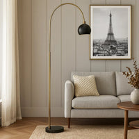 72 Inch Arc Floor Lamp, Black Metal Shade, Marble Foot, Antique Brass - BM309583