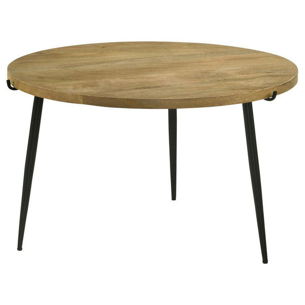 Pia 30 Inch Coffee Table, Mango Wood Top, Round, Iron Tripod Legs - BM309594