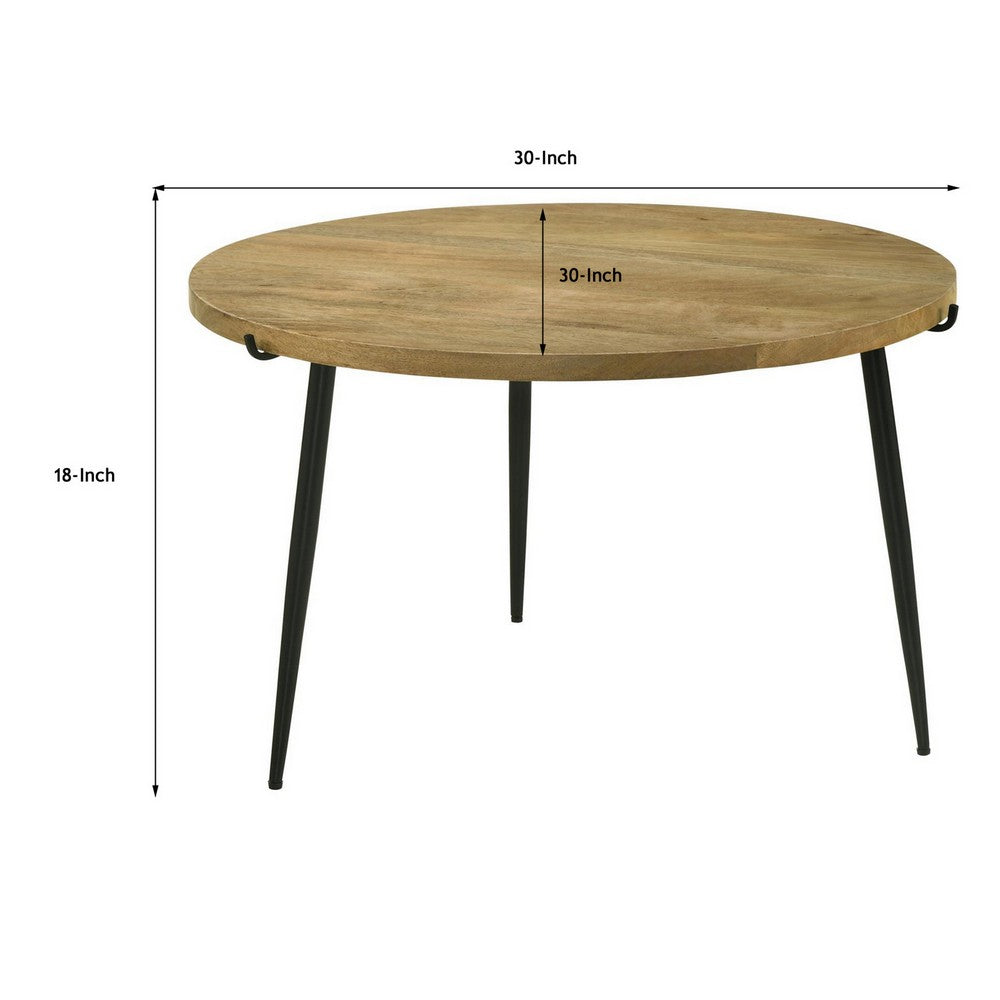 Pia 30 Inch Coffee Table, Mango Wood Top, Round, Iron Tripod Legs - BM309594