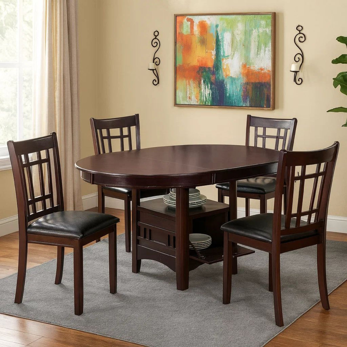 5 Piece Dining Set, 42 Inch Round Extendable Table With 4 Chairs, Espresso