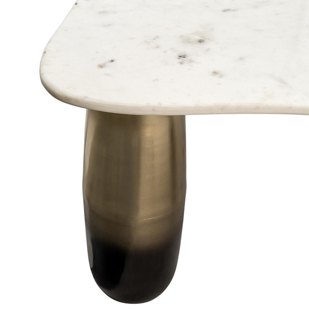 30 Inch Coffee Table, Square White Marble Top, Cylindrical Gold Metal Base - BM309616