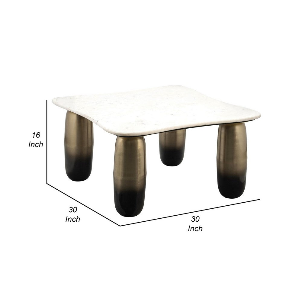 30 Inch Coffee Table, Square White Marble Top, Cylindrical Gold Metal Base - BM309616