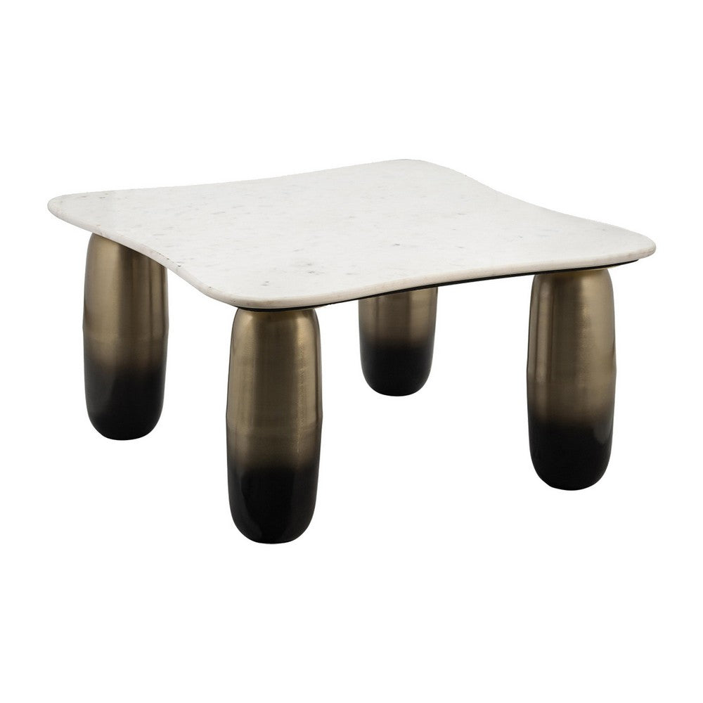 30 Inch Coffee Table, Square White Marble Top, Cylindrical Gold Metal Base - BM309616