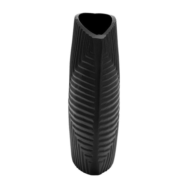 Ako 10 Inch Vase, Metal Ribbed Body Design, Curved Top, Matte Black Finish - BM309617