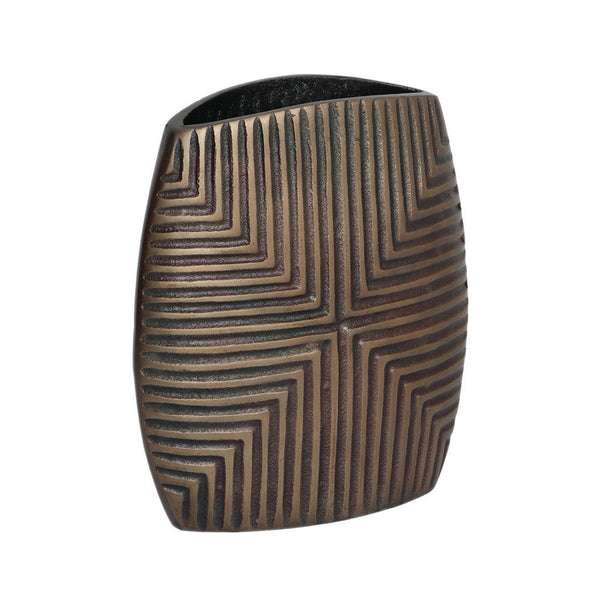 Ako 10 Inch Vase, Modern, Ribbed Body Design, Curved Top, Antique Brass - BM309618