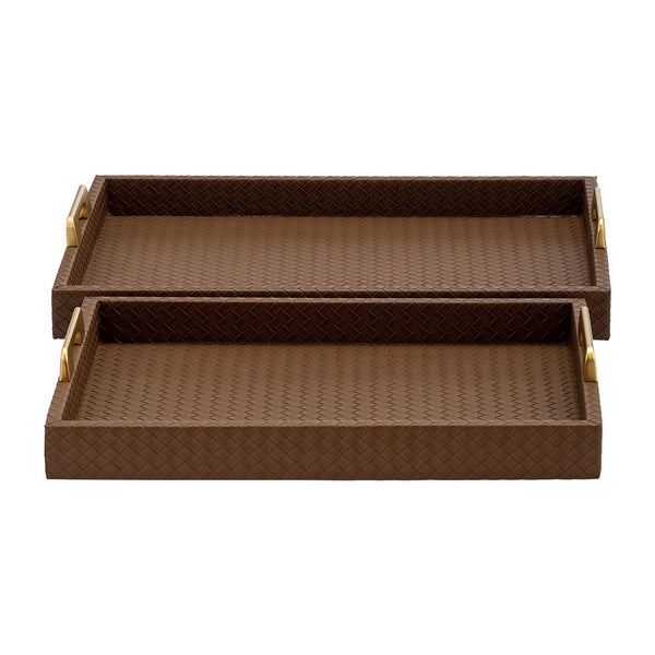 Eli 16, 18 Inch Set of 2 Trays, Stitched, Gold Handles, Brown Faux Leather - BM309619