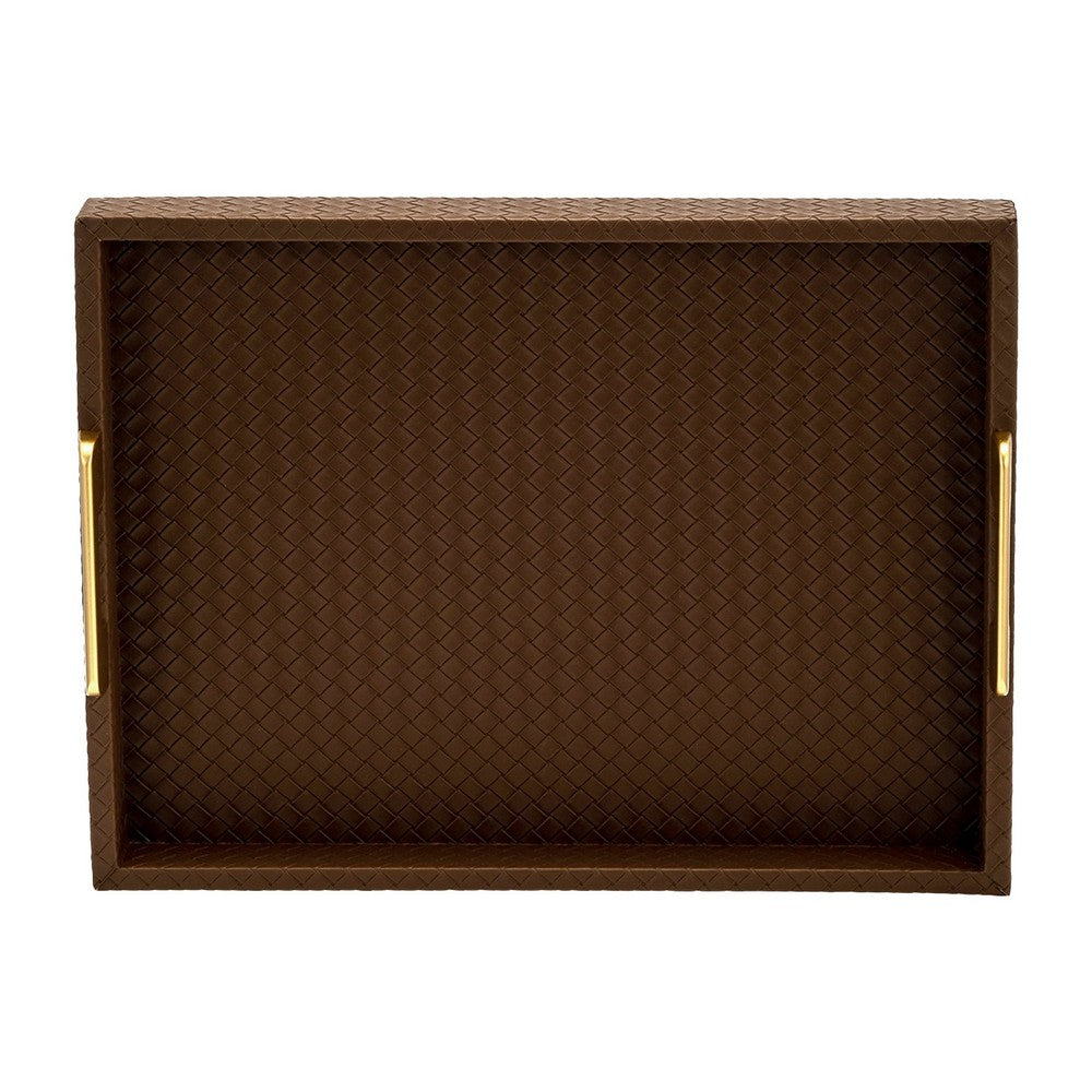 Eli 16, 18 Inch Set of 2 Trays, Stitched, Gold Handles, Brown Faux Leather - BM309619