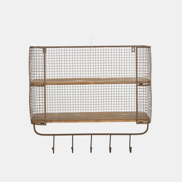 23 Inch Wood Shelf, 2 Tiers, Metal Mesh Frame, Hanging Hooks, Brown Finish - BM309627