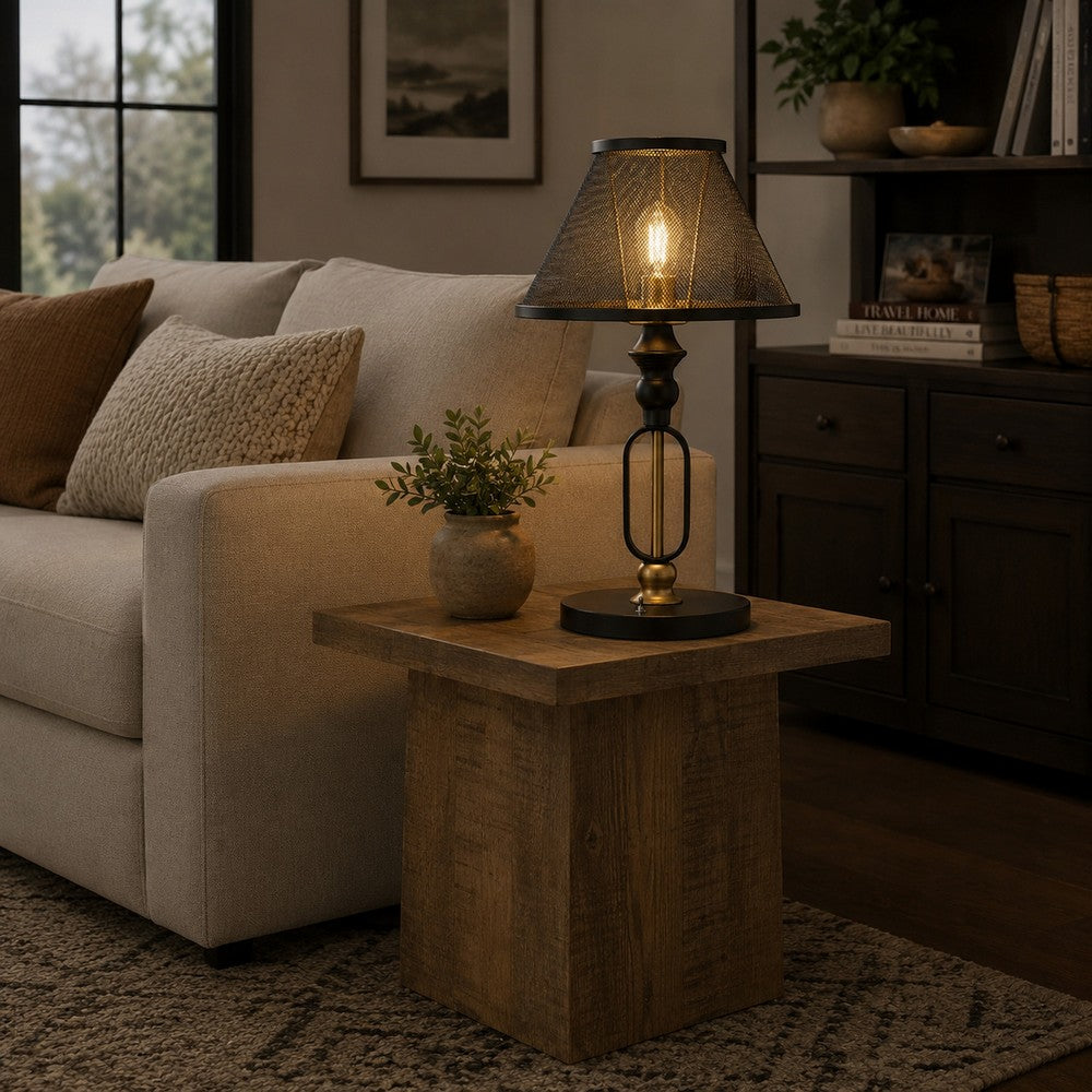 19 Inch Table Lamp, Round Metal Mesh Shade, Hollow Body, Black, Gold Stand - BM309628