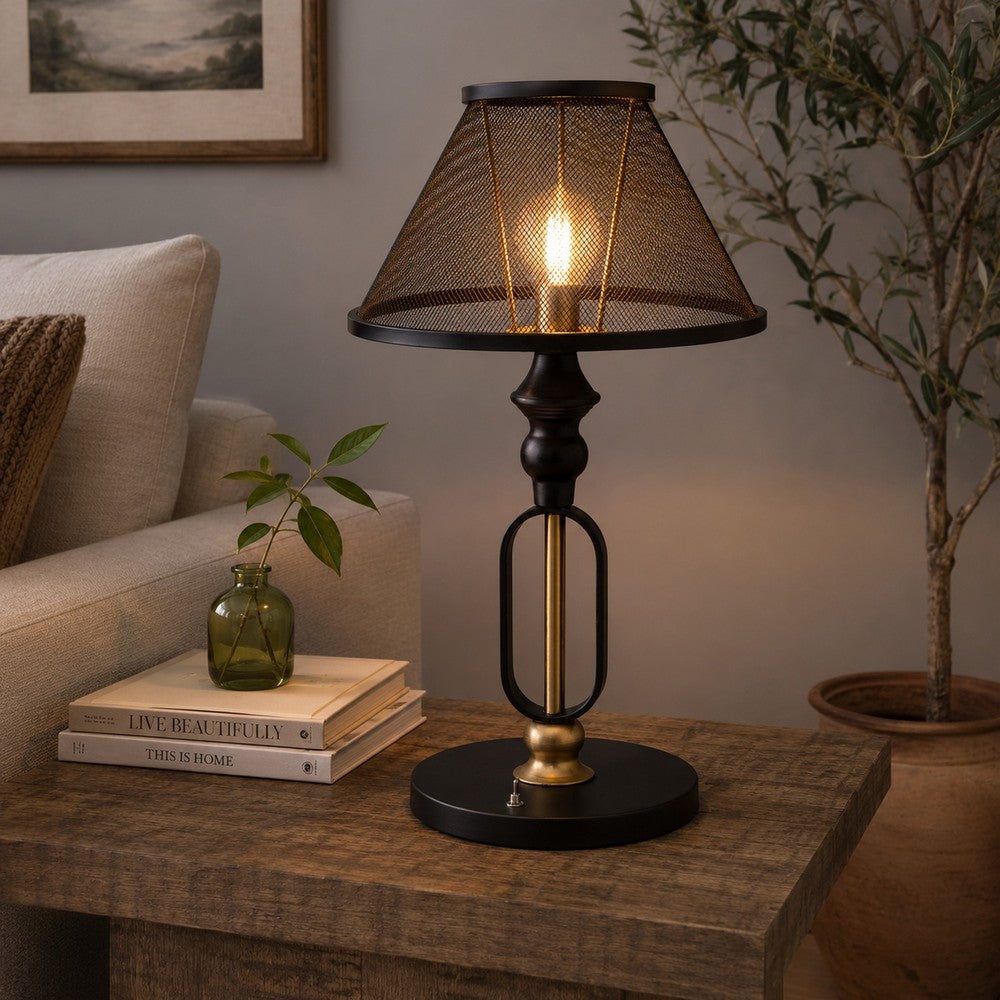 19 Inch Table Lamp, Round Metal Mesh Shade, Hollow Body, Black, Gold Stand - BM309628