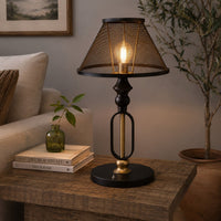 19 Inch Table Lamp, Round Metal Mesh Shade, Hollow Body, Black, Gold Stand - BM309628