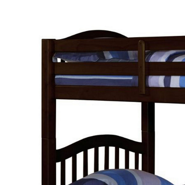 Twin Over Twin Bunk Bed, Pine Wood, Slatted Headboard, Espresso Brown  - BM309634