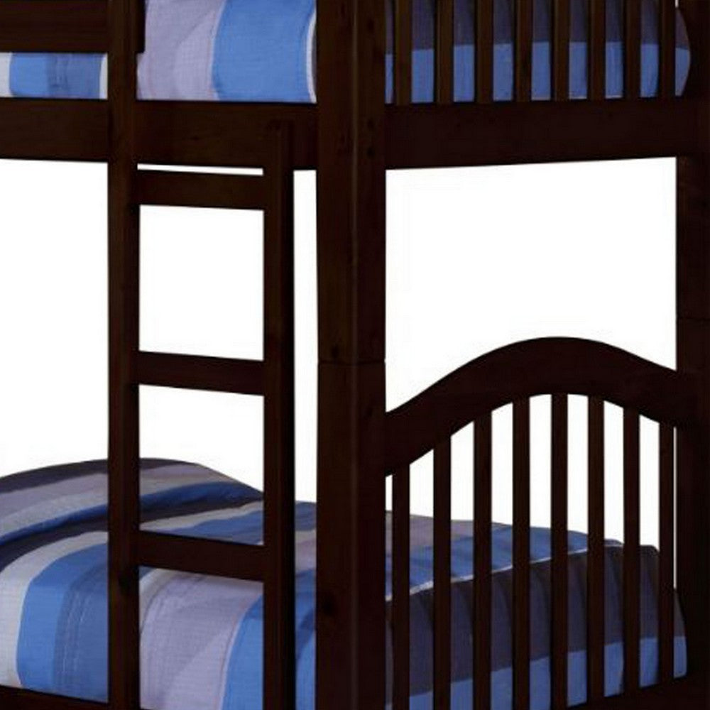 Twin Over Twin Bunk Bed, Pine Wood, Slatted Headboard, Espresso Brown  - BM309634