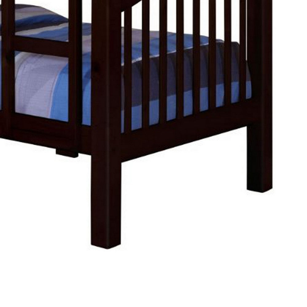 Twin Over Twin Bunk Bed, Pine Wood, Slatted Headboard, Espresso Brown  - BM309634