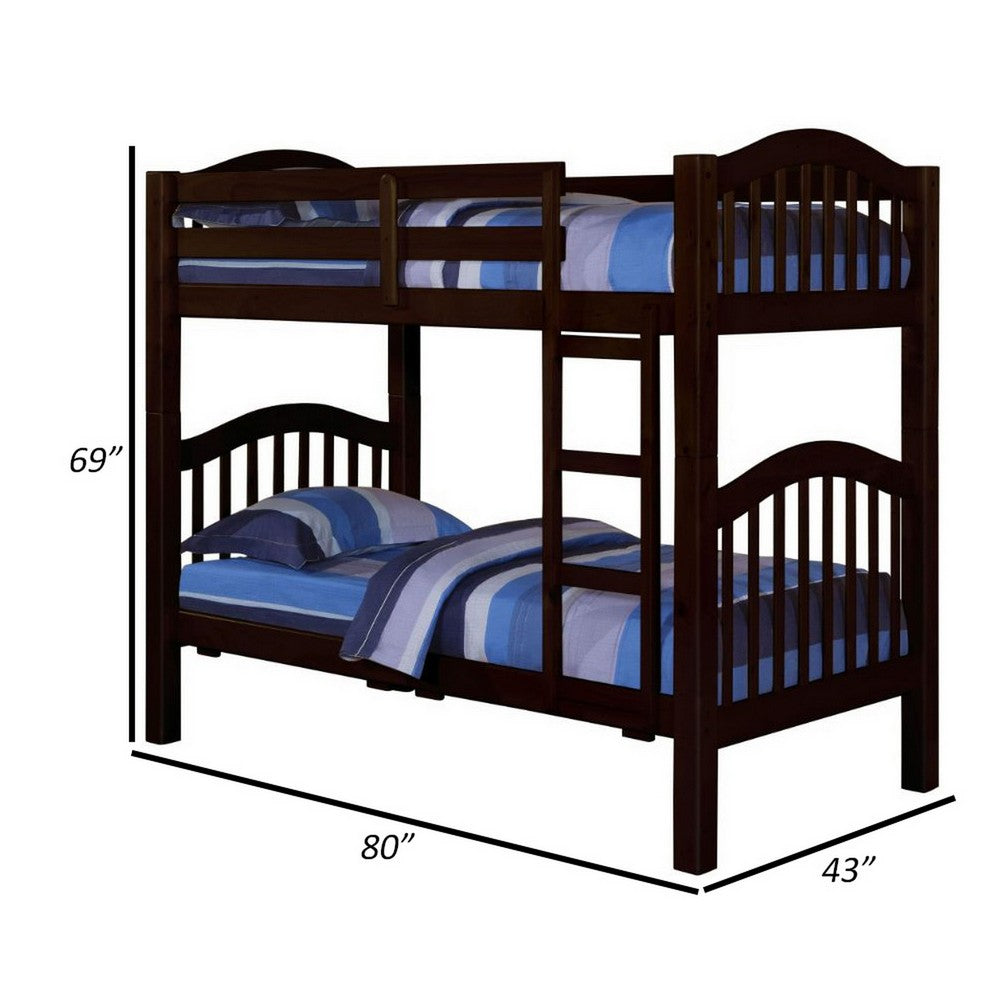 Twin Over Twin Bunk Bed, Pine Wood, Slatted Headboard, Espresso Brown  - BM309634