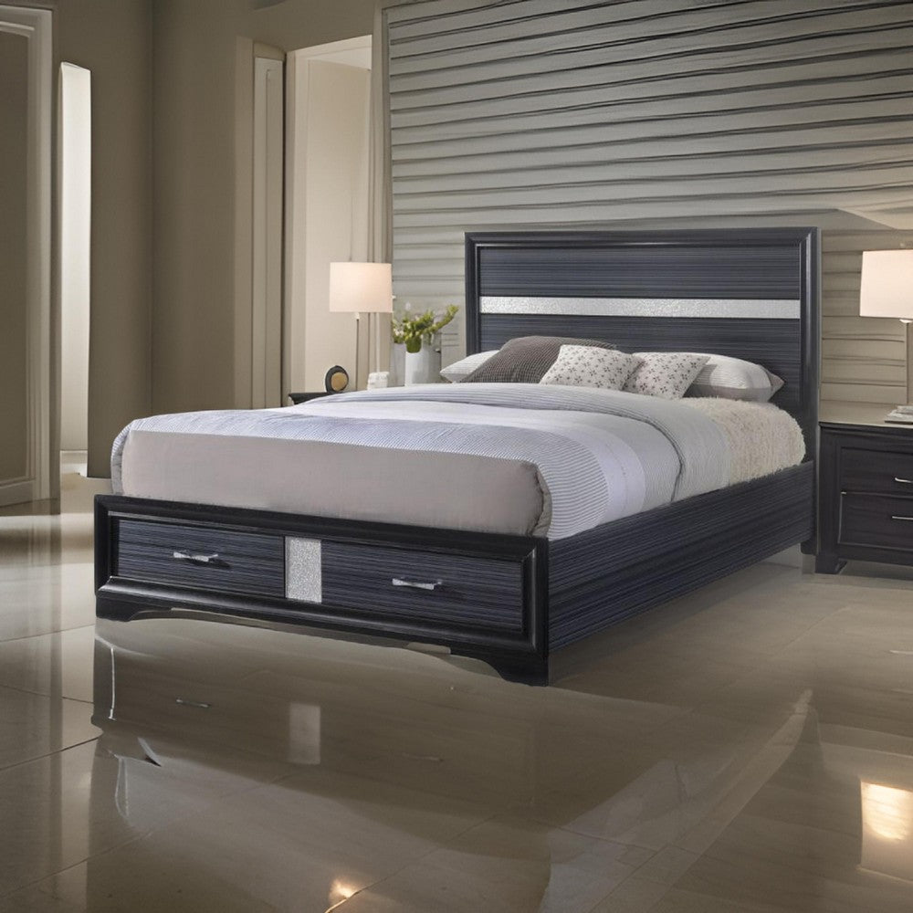 Nae Queen Size Bed, Rubberwood, Gray, Textured, Shimmery Acrylic Trim  - BM309636