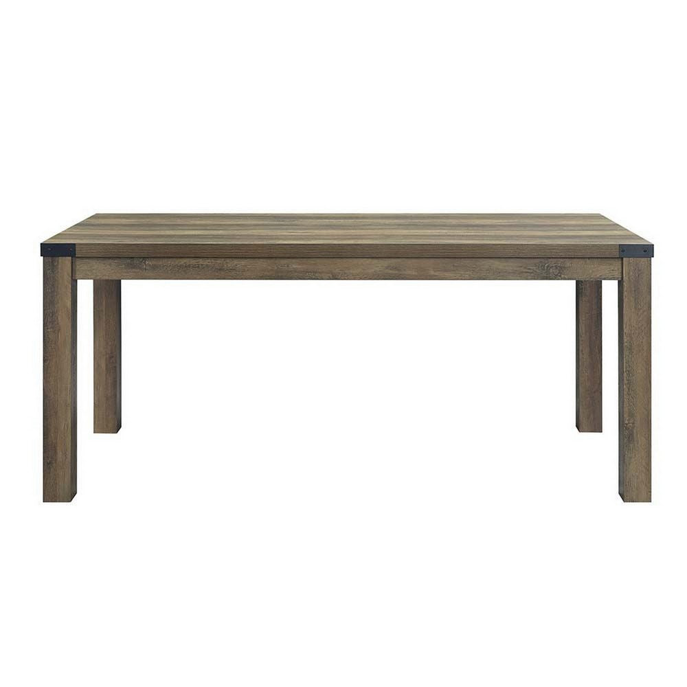 Eli 71 Inch Dining Table, Distressed Rustic Gray, Industrial Metal Rivets - BM309638