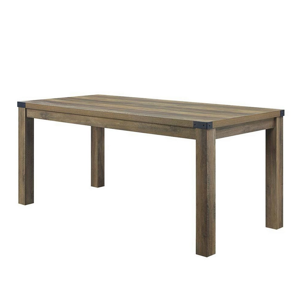 Eli 71 Inch Dining Table, Distressed Rustic Gray, Industrial Metal Rivets - BM309638