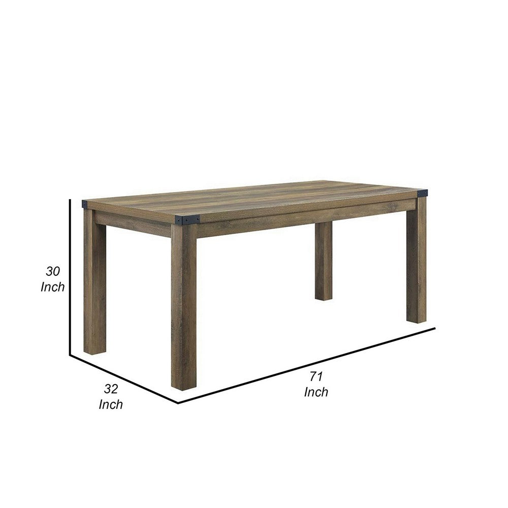 Eli 71 Inch Dining Table, Distressed Rustic Gray, Industrial Metal Rivets - BM309638