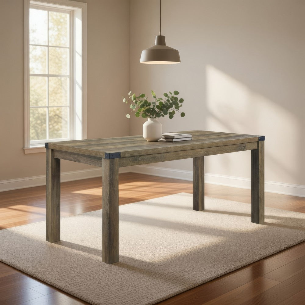 Eli 71 Inch Dining Table, Distressed Rustic Gray, Industrial Metal Rivets - BM309638