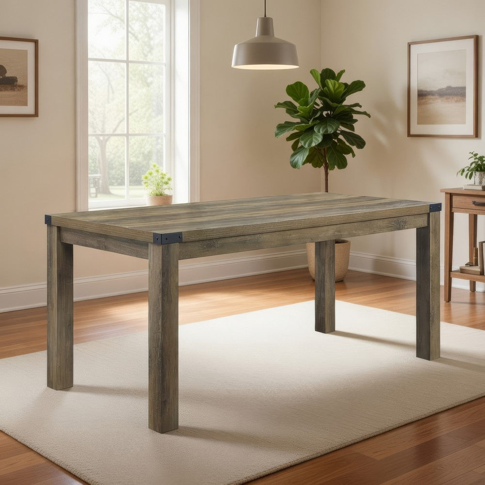 Eli 71 Inch Dining Table, Distressed Rustic Gray, Industrial Metal Rivets - BM309638