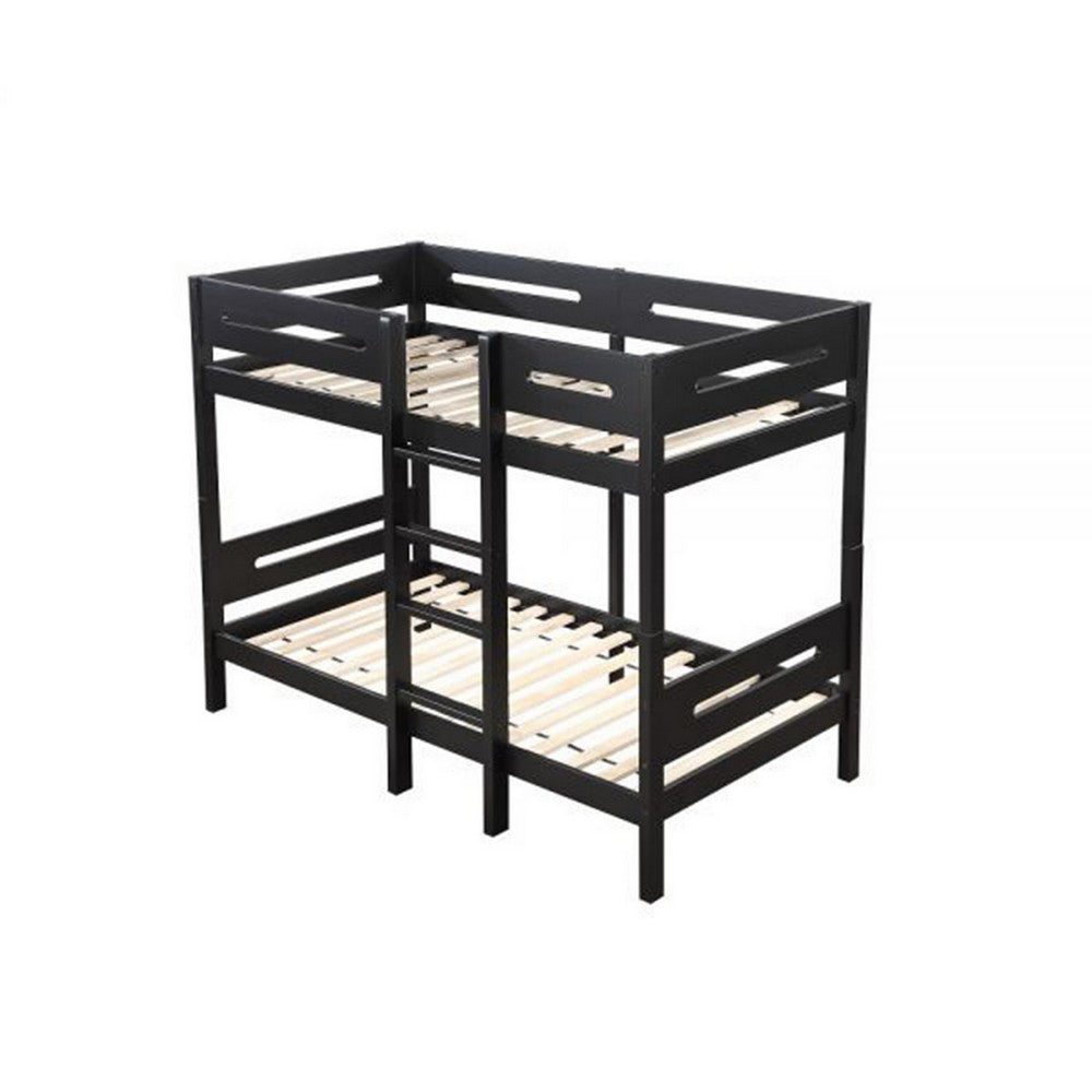 Asin Twin Bunk Bed with Front Facing Ladder, Solid Pine Wood, Black Finish - BM309654