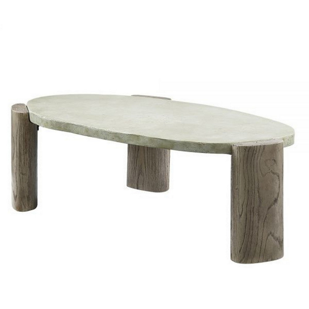 47 Inch Coffee Table, Oval Shape Cement Top, Smooth Gray and Oak Brown - BM309655