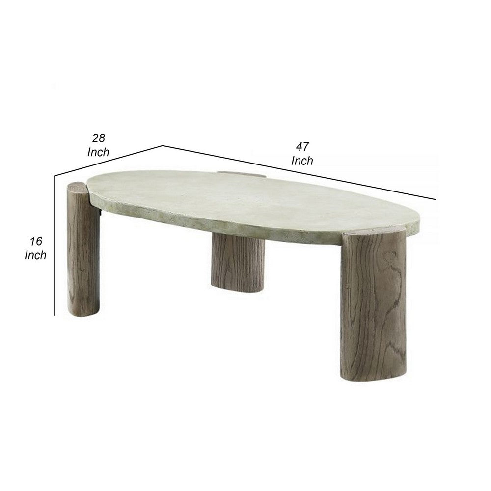 47 Inch Coffee Table, Oval Shape Cement Top, Smooth Gray and Oak Brown - BM309655