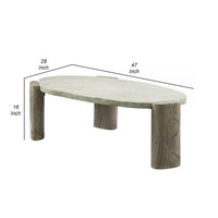 47 Inch Coffee Table, Oval Shape Cement Top, Smooth Gray and Oak Brown - BM309655