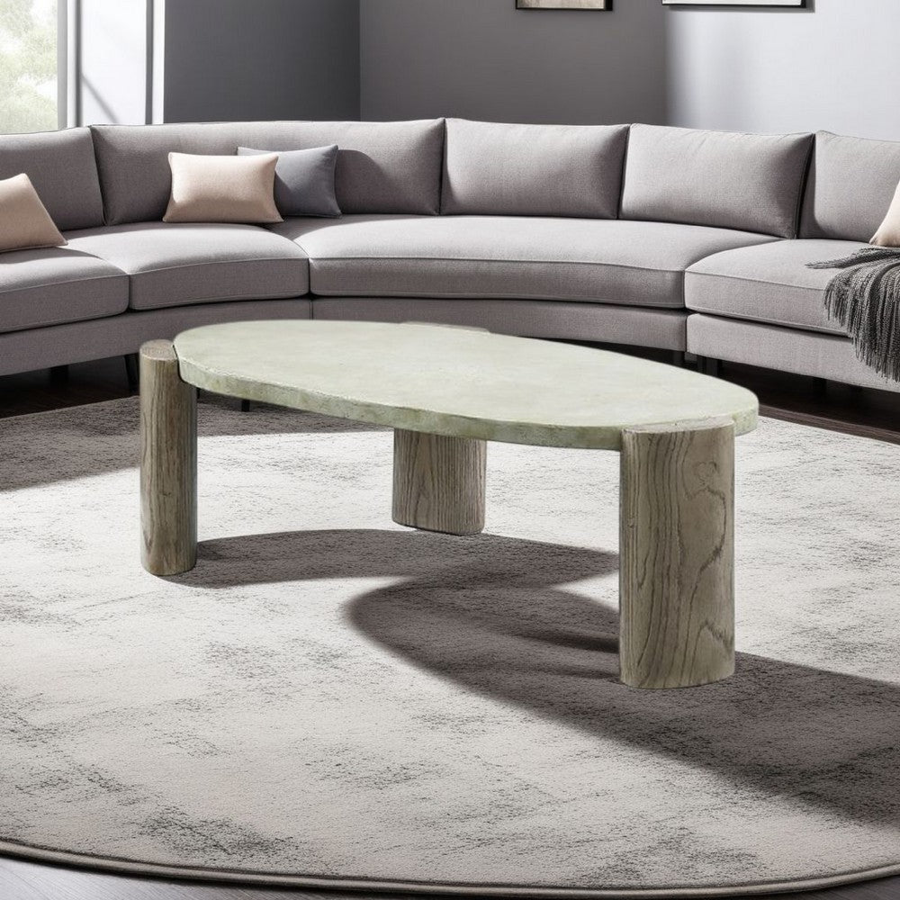 47 Inch Coffee Table, Oval Shape Cement Top, Smooth Gray and Oak Brown - BM309655