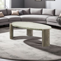 47 Inch Coffee Table, Oval Shape Cement Top, Smooth Gray and Oak Brown - BM309655