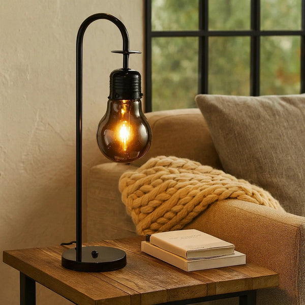 30 Inch Arc Table Lamp, Glass Bulb Shaped Shade, Metal, Black Nickel - BM309674