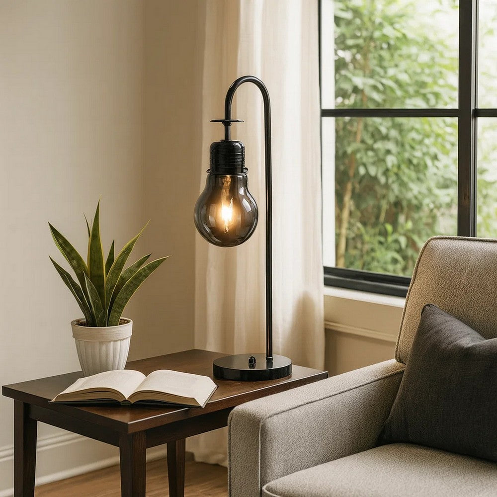 30 Inch Arc Table Lamp, Glass Bulb Shaped Shade, Metal, Black Nickel - BM309674