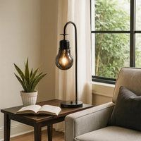 30 Inch Arc Table Lamp, Glass Bulb Shaped Shade, Metal, Black Nickel - BM309674