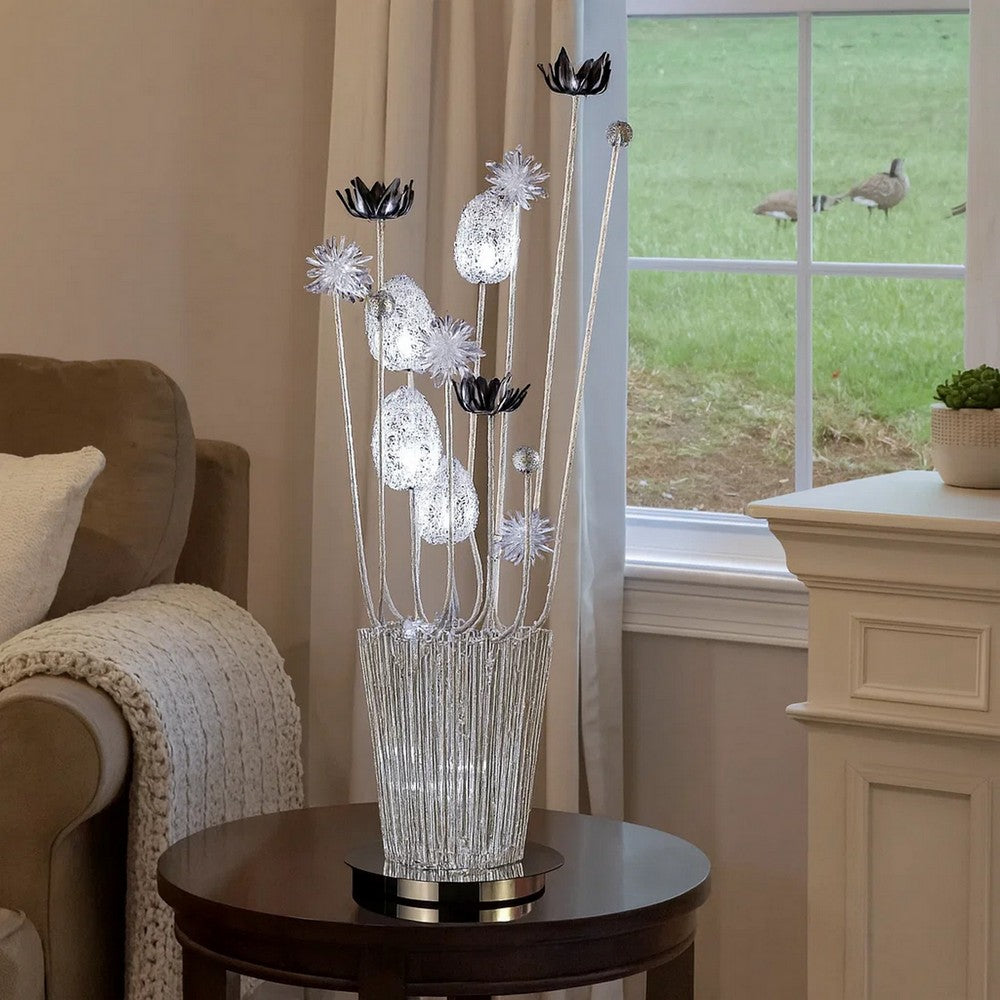 26 Inch Accent Table Lamp, Flower Vase Design, Metal, Chrome Finish - BM309675